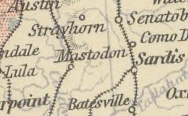 A screenshot of an area showing a "Mastodon" label on an old map from the David Rumsey collection