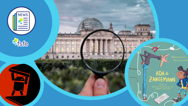 Picture collage with an image of an Android robot inside a wrench; an image of the Bundestag with a magnifying glass in the foreground; and an image of the cover of the book "Ada & Zangemann" 