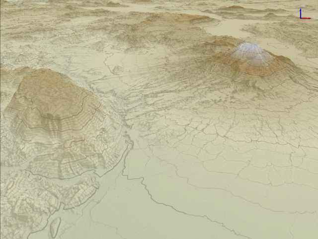 3d visualization of the Nevado of Colima volcano using QGIS. The combination of digital elevation model, contour lines and multidirectional hill shading creates a beautiful virtual landscape.