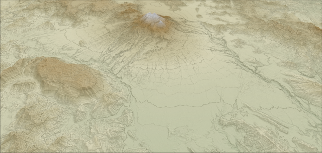 3d visualization of the Nevado of Colima volcano using QGIS. The combination of digital elevation model, contour lines and multidirectional hill shading creates a beautiful virtual landscape.