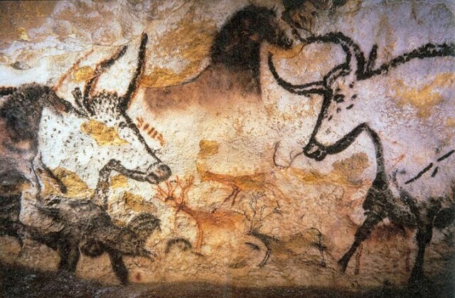 Cave paintings from Lascaux caves with aurochs, horses and elk in browns and black.