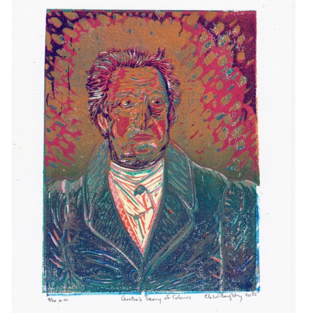 Fauvism inspired linocut reduction print portrait called “Goethe’s Theory of Colours” with my portrait of writer, statesman and polymath Johann Wolfgang von Goethe (1749-1832).
My portrait is based on contemporary portraits, particularly a painting of Goethe in 1828 by Joseph Karl Stieler.