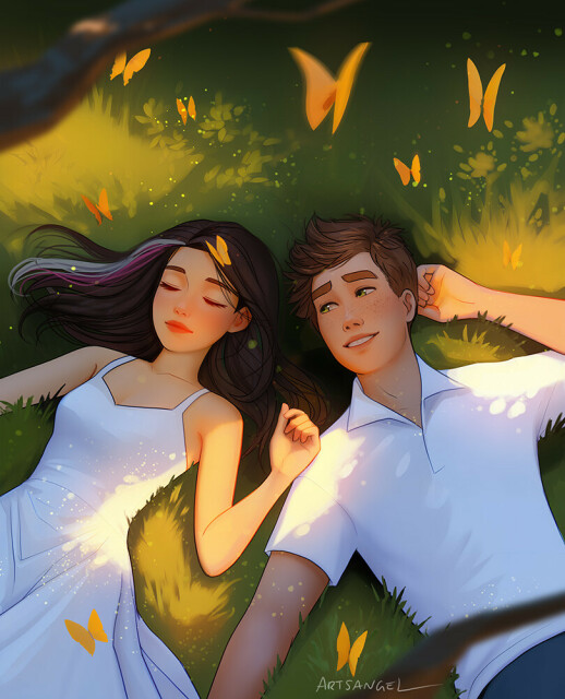 Alex and Ethan from Quantum Entanglement lying on the grass surrounded by butterflies