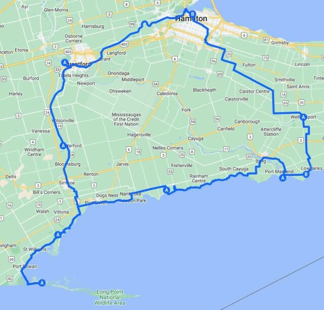 A map showing a loop route from Hamilton through Brantford to Long Point, then east along the shore of Lake Erie to Dunnville, then up through Niagara back to Hamilton.