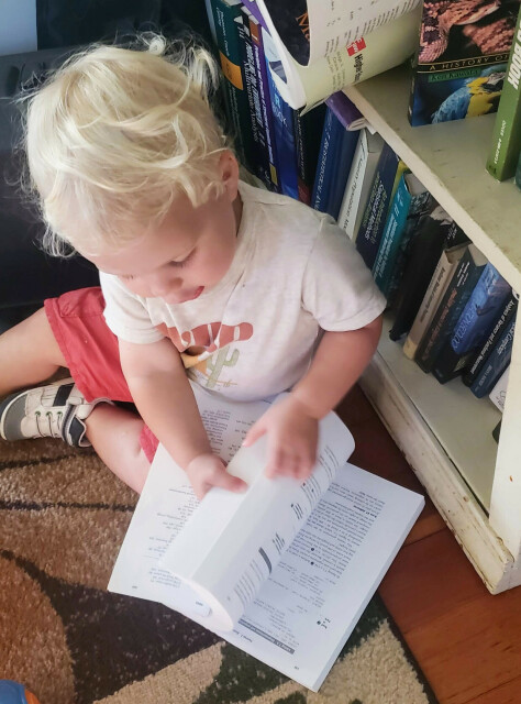 Toddler sitting on floor near a bookshelf with books with a soft-cover book open.