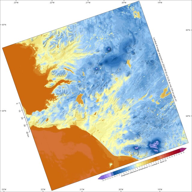 Satellite image of Iceland showing brightness temperature values.