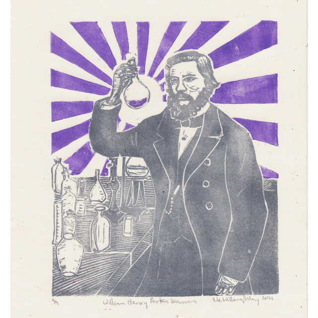 Linocut print of Perkins in grey, a suited, bearded Victorian, at a wooden lab bench covered in glassware and chemical apparatus. He holds a flask at eye level with bright mauve fluid. Wide bright mauve lines radiate outward from it in the background.