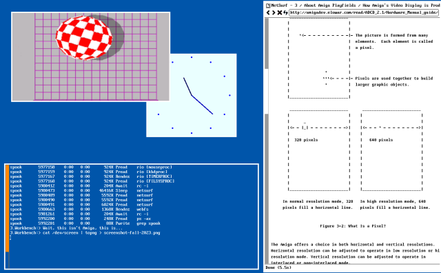 Screenshot from my SDF Plan9 installation, with rio themed a bit to resemble the Amiga Workbench 1.3