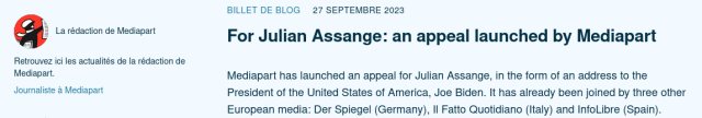 Header of the call that Mediapart has launched an appeal for Julian Assange, in the form of an address to the President of the United States of America, Joe Biden. It has already been joined by three other European media: Der Spiegel (Germany), Il Fatto Quotidiano (Italy) and InfoLibre (Spain).