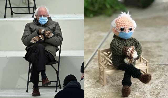 Bernie Sanders sitting in a folding chair at President Biden's inauguration on left, the same image but knitted on the right.