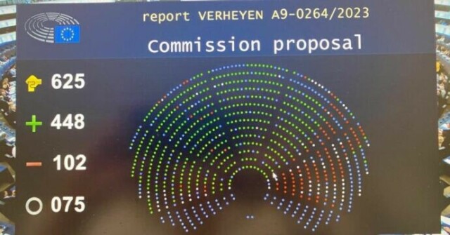 L'immagine del tavellone del Parlamento Europeo mostra 448 voti a favore del EMFA, 102 contrari e 75 astenuti