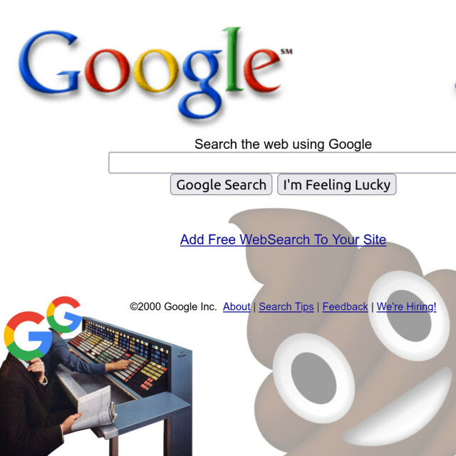 A circa 2000 Google landing page. In the bottom left corner are two serious figures seated at an elaborate electromechanical computing console. Their heads have been replaced with modern Google 'G' logos. Looming over the right side of the page is a poop emoji.