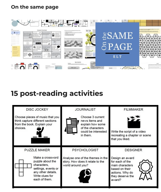 Una schermata dal sito On the same page ELT  15 post-reading activities
