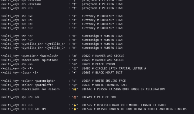 Screenshot of a conversion table written in monospace plain text. The left side has a sequence of keys and the right shows what that sequence translates to. Some conversions include:
Multi_key P P → ¶
Multi_key O Y → ☮
Multi_key Less 3 → ♥
Multi_key L L A P → 🖖