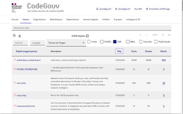 Capture d'écran du site code.gouv.fr/public présentant la liste des dépôts de code source de l'enseignement supérieur et de la recheche.