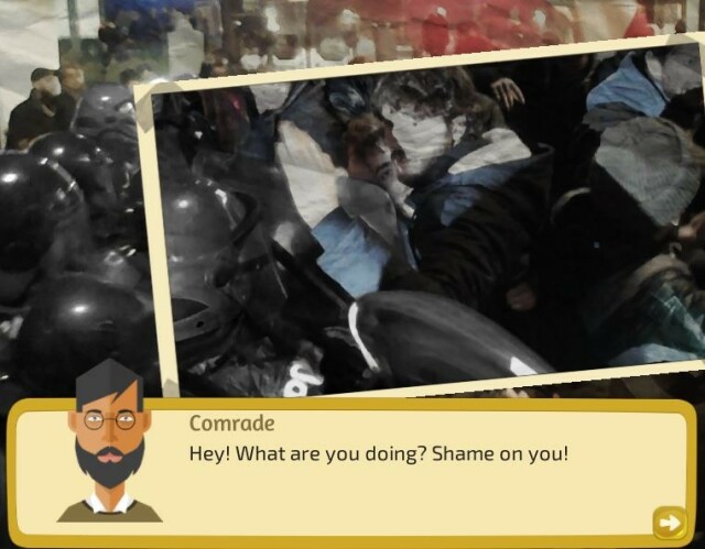 Screenshot del gioco con manganellate da parte della polizia.