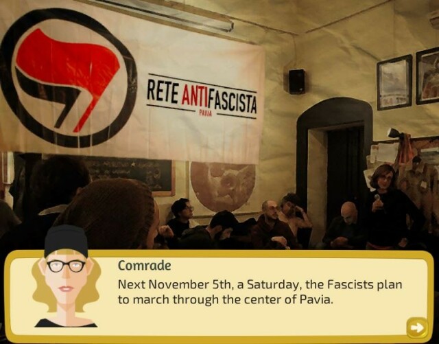 Screenshot del gioco con assemblea della Rete Antifascista.