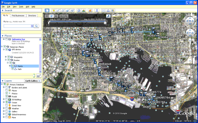 Screenshot of a trail in Baltimore City from Google Earth circa August 2010. Numbers of dots are photos I took.