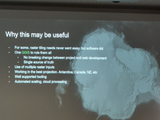 Why this may be useful. For some, raster tiling needs never went away, but software did. One QGIS to rule them all. Use of multiple raster inputs. Working in the best projection (e.g. Antarctica, Canada, NZ, etc). Well supported tooling. Automated scaling, cloud processing.