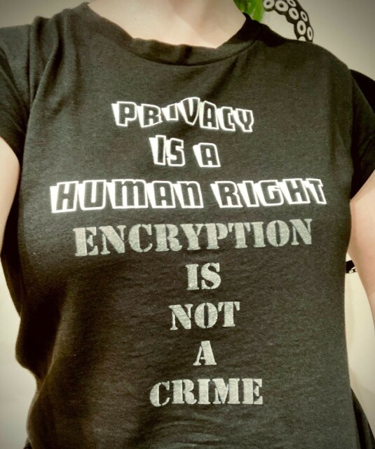Photo of a t-shirt on a person with only the t-shirt part showing. 

The t-shirt is black and printed on it in white and grey are the words “Privacy is a human right” and “Encryption is not a crime”