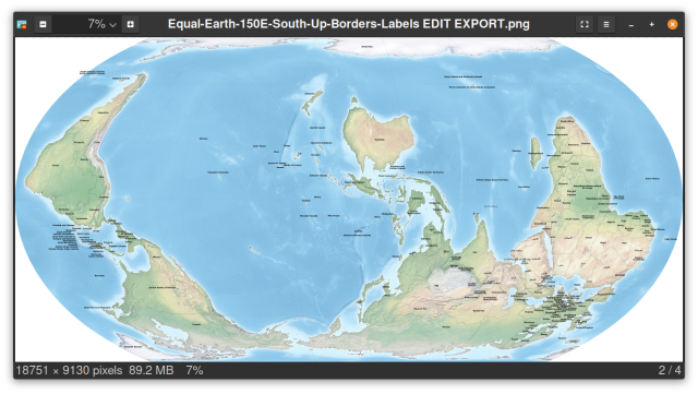 A map of the world. The globe has been flipped so the South is at the top. Australia and New Zealand are in the centre.