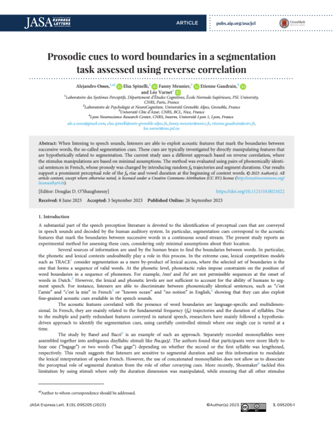 First page of the article "Prosodic cues to word boundaries in a segmentation task assessed using reverse correlation"