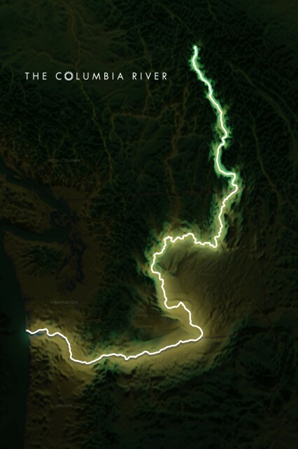 A map of the Columbia River as an illuminated line where the top is facing north