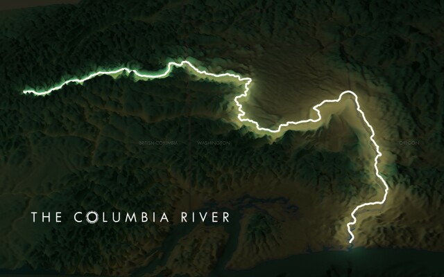 A map of the Columbia River as an illuminated line where the top is facing east.