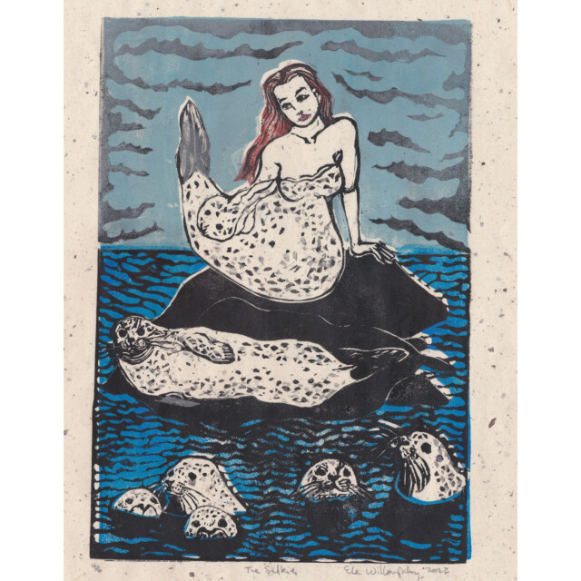 My linocut on speckled cream coloured washi paper of a selkie shedding her sealskin and several harbour seals lounging on rocks or swimming on a cloudy day.