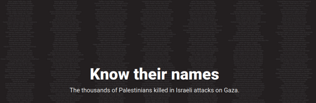 Know their names

The thousands of Palestinians killed in Israeli attacks on Gaza.
