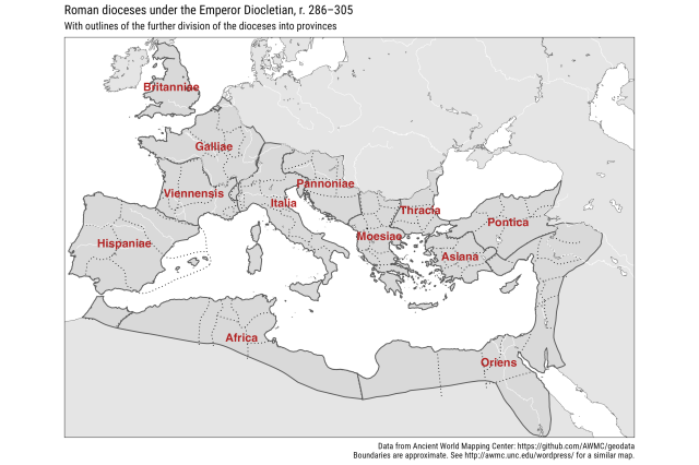 Map of Roman dioceses under the Emperor Diocletian, r. 286–305. The map shows the extent and organization of the Roman Empire into 12 dioceses as it exited from a period of crisis in the 3rd century and reached new heights in the 4th century.