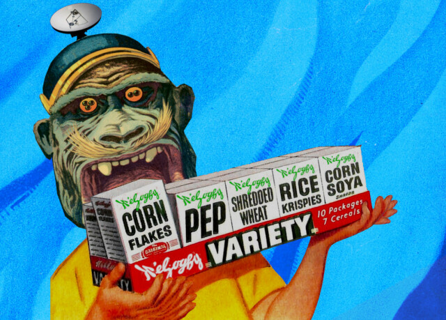 A vintage advertising image of a boy holding up a Kellogg's mini-cereal variety pack. The image has been altered: the boy's head has been replaced with a snarling gorilla wearing a helmet with a satellite dish sticking out of it; the Kellogg's wordmarks have been replaced with a distorted, lime-green version. The boy's hands have been modified to add several extra fingers to each hand. The gorilla's eyes have been altered to add extra pupils: one eye has two pupils, the other has three. The background is a mix of abstract blue shapes. The image has been modified to include shopworn tropes of 'generative AI' 'art,' as bait for petty, moralizing scolds who live to shout at strangers for using Midjourney without e.g. reading alt text. The multilayer version of this image is available at https://craphound.com/images/kelloggs.psd
