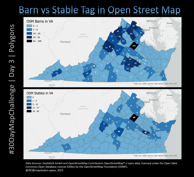 Two choloropleth maps of the state of Virginia showing the number of Barn and Stable tags. Top map is the number of barns per county tagged in Open Street Map. Bottom Map is the number of stables per county tagged in Open Street Map. The number of stables in many counties is underrepresented.