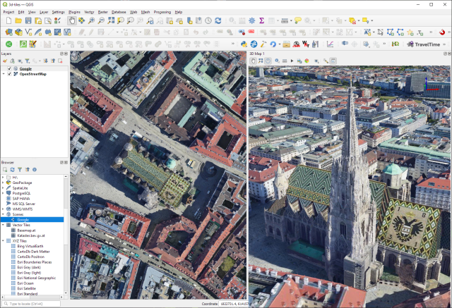 Screenshot of QGIS: top-down view on the left and 3D view on the right, showing the Stephansdom in Vienna