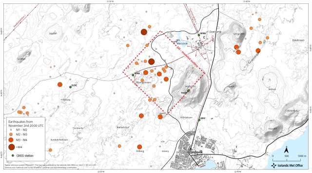 Map of earthquakes around the town of Grindavík in Iceland