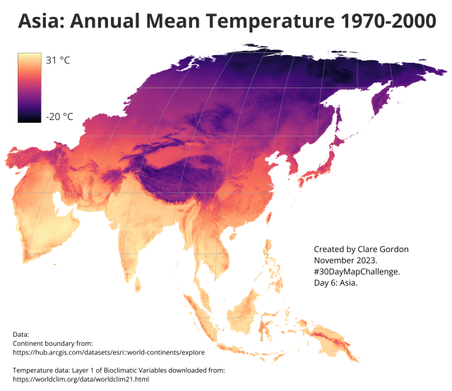 Annual mean temperature in Asia. Hottest areas are India and Arabia with maximum of 31 degrees c. Coldest is north of Russia with down to -20. Himalayas show as cold.