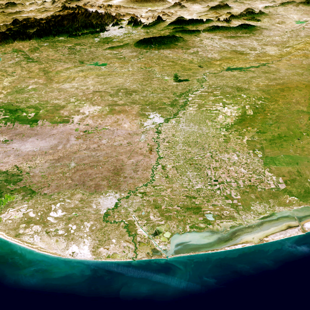 An image of the Lower Rio Grande valley looking westward, emphasizing the river itself and intentionally ignoring national boundaries. 