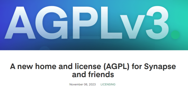 Screenshot of the Element blog post with the title: "A new home and license (AGPL) for Synapse and friends"