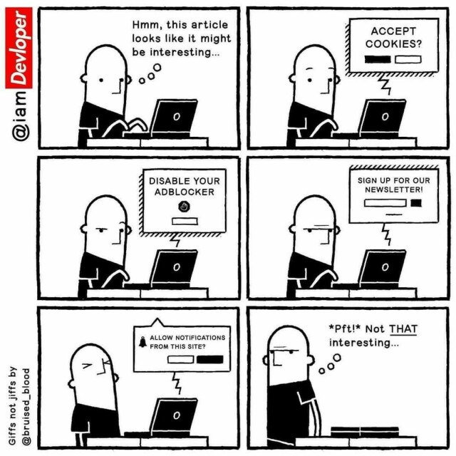comic strip about a developer trying to read an article