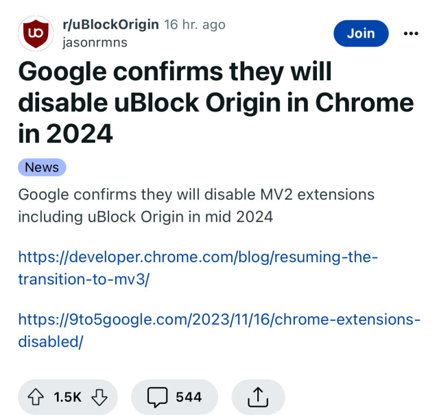 google conferma che bloccherà ublock origin in Crome 