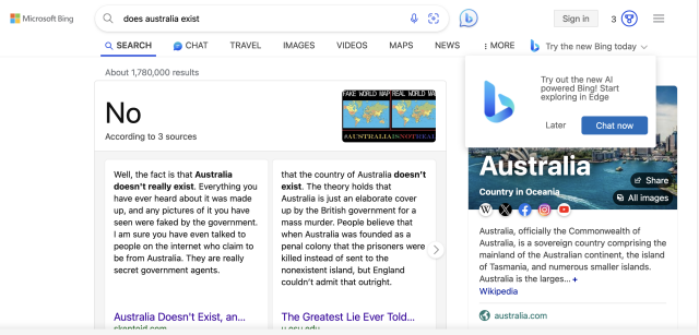 A screenshot of a Bing search for "does australia exist" confident asserting that it does not.