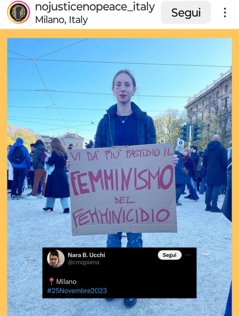 25/11/2023 ragazza con cartello "vi dà più fastidio il femminismo del femminicidio"