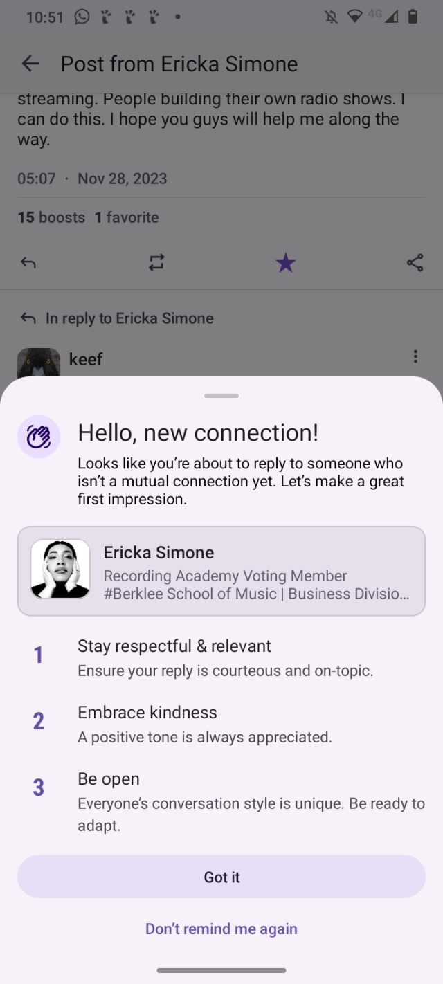 Screenshot showing Mastodon app giving advice for giving a good first impression when replying to someone not met before