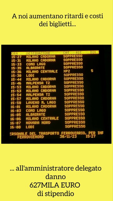 Il tabellone delle 15.27: tutti i treni sono soppressi fin dopo le 16, ad eccezione del Milano Centrale delle 15.36