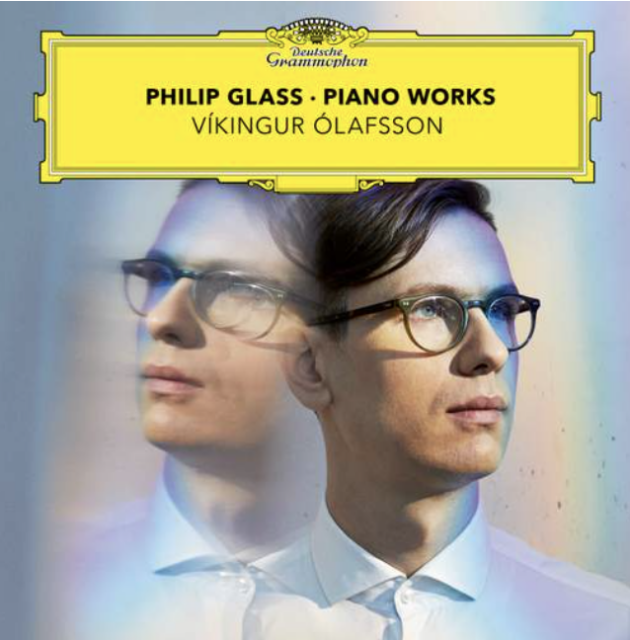 Album cover for Philip Glass: Piano Works. It has the standard Deutsche Grammophon emblem on the top and below that are two pictures of Víkingur Ólafsson, one layered on top of the other, each on looking in to the side. 