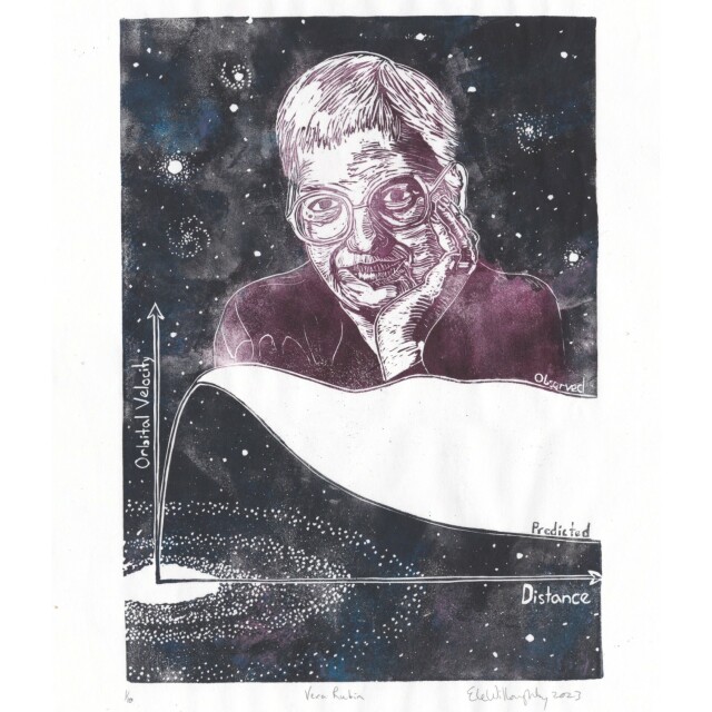My linocut portrait of astronomer Vera Rubin with short hair, glasses and resting her face in her hand in burgundy on a background of outer space with stars and galaxies in black with blue and pink splotches to mimic how dust bends light in space. At the base of the print is a large spiral galaxy with a plot of orbital velocity versus distance going out from its centre (so the distance axis is indeed distance from centre). There are two lines labelled “observed” which goes up from the origin and then is a pretty flat wavy line all the way across. This line marks the bottom of Rubin. Below it is a wide empty gap of visible white paper down to the second line labelled “predicted”. The Predicted line goes up from the origin to a peak where it diverges from the observed and falls smoothly back down in a gentle curve.
