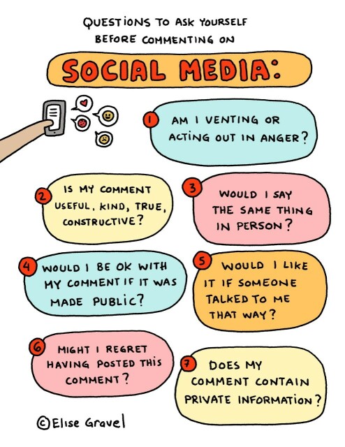 QUESTiONS TO ASK YOURSELF BEFORE COMMENTING ON SOCIAL MEDIA: AM I VENTING OR ACTING OUT IN ANGER? IS MY COMMENT USEFUL, KIND, TRUE, CONSTRUCTIVE? 3) 4 WOULD I BE OK WITH MY COMMENT IF IT WAS MADE PUBLIC? WOULD I SAY THE SAME THING IN PERSON? WoULD I lIke IT IF SOMEONE TALKED TO ME THAT WAY? MIGHT I REGRET HAVING POSTED THiS COMMENT? DOES MY COMMENT CONTAIN PRIVATE INFORMATION?by artist Elise Gravel