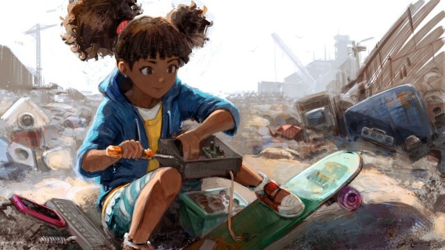 Girl with a hoody and shorts, sitting with a screwdriver in her right hand and an electronic device in her left hand. On the left side is a mobile phone which is attached to a keyboard, on the right side below her left food there is a skateboard. In the background you see a junkyard with all kind of old devices (washing machines, TVs, music players, ...) 