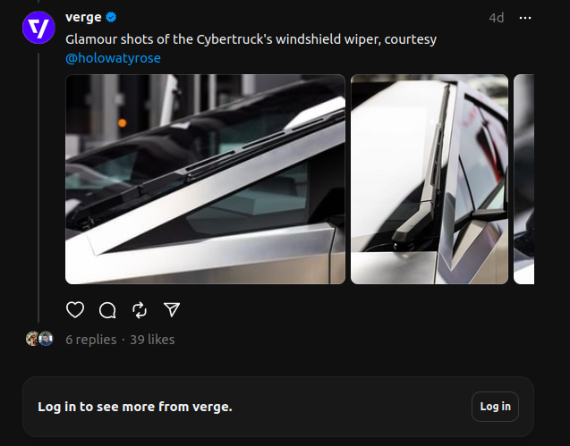 A screenshot of the Threads web UI for The Verge's account, showing  "Log in to see more from Verge". The posts from the Verge  feature .. ugh .. Tesla's vehicular monstrosity.