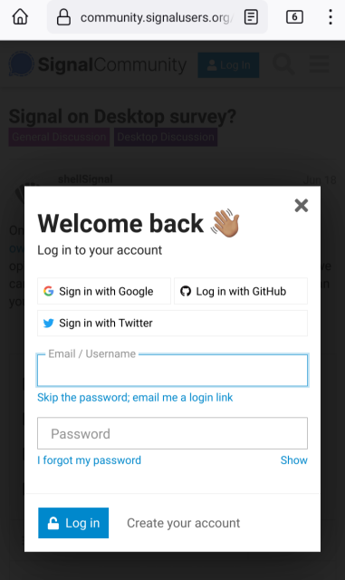 Screenshot of signal community forum login page offering logins via Google, GitHub, Twitter or local credentials